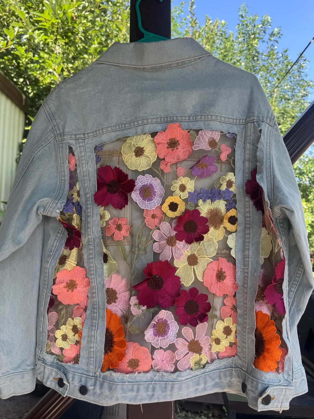 Denim Dragon - oversized denim jacket with shear back floral fabric